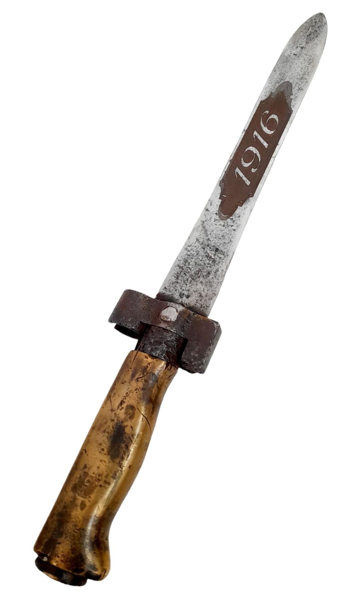 WW1 French Epee Bayonet made into a Trench Fighting Knife. The Blade has been etched “ Verdun” on