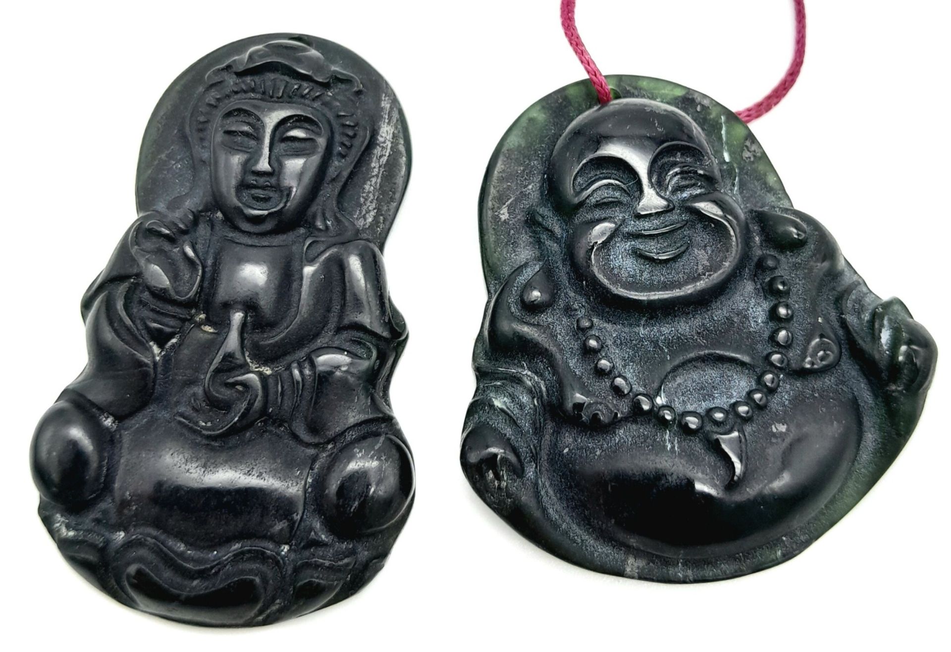 2 x Black Onyx Buddha Pendants - Buddha and Laughing Buddha. 4.5cm and 4cm length. 25g total weight. - Bild 2 aus 4