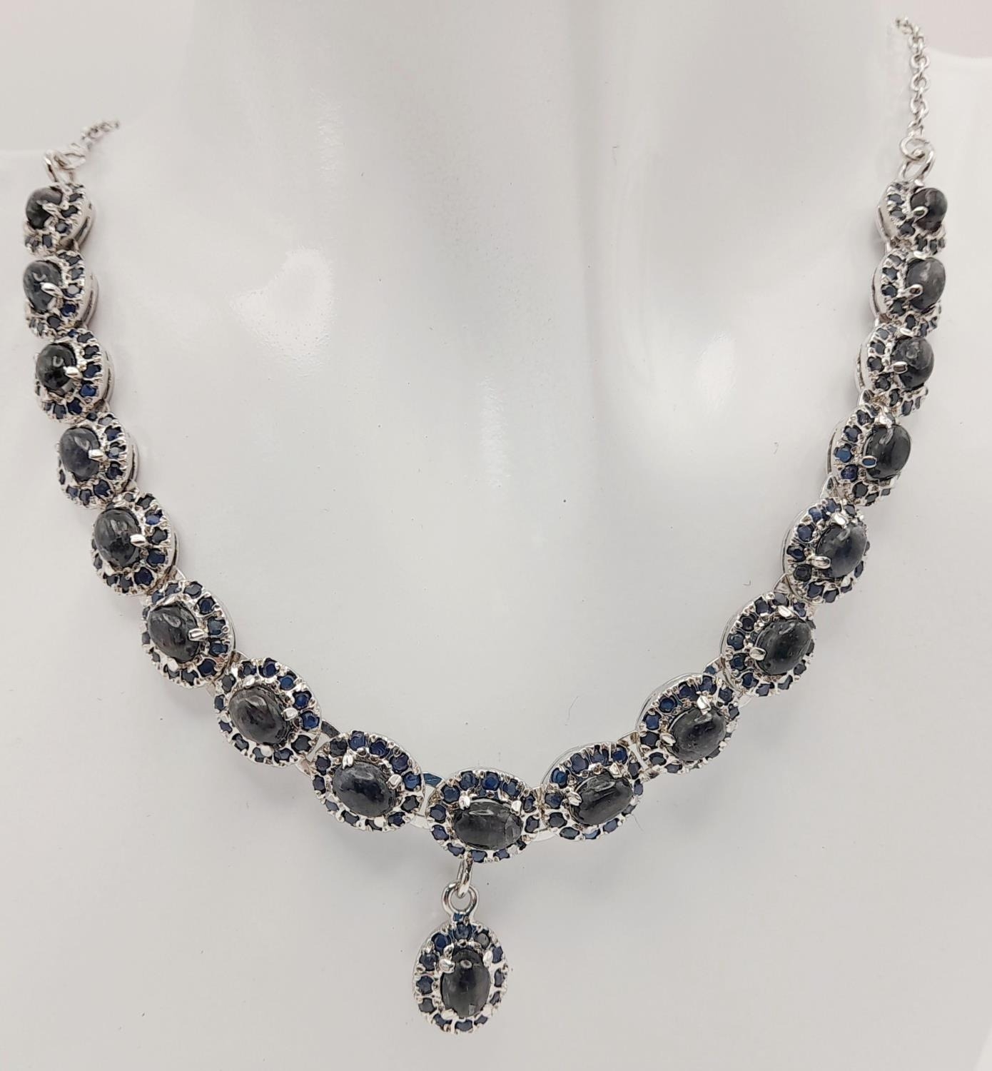 A Blue Sapphire Silver Choker Necklace with Matching Drop Earrings. Both set in 925 sterling silver. - Image 3 of 6