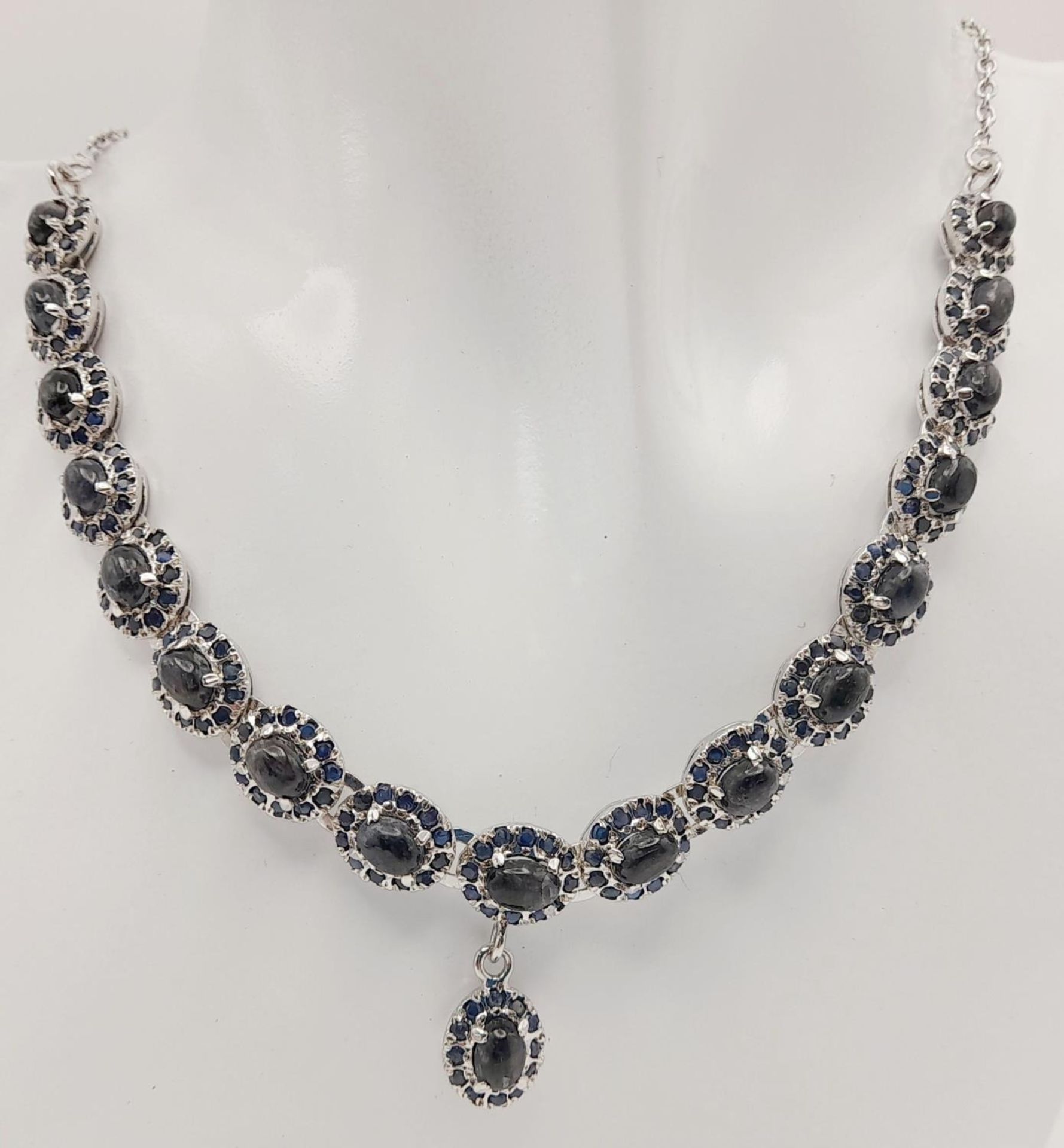 A Blue Sapphire Silver Choker Necklace with Matching Drop Earrings. Both set in 925 sterling silver. - Image 3 of 6