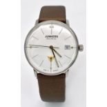 A Junkers Stylish Bauhaus Gents Quartz Watch. Brown leather strap. Stainless steel case - 35mm.