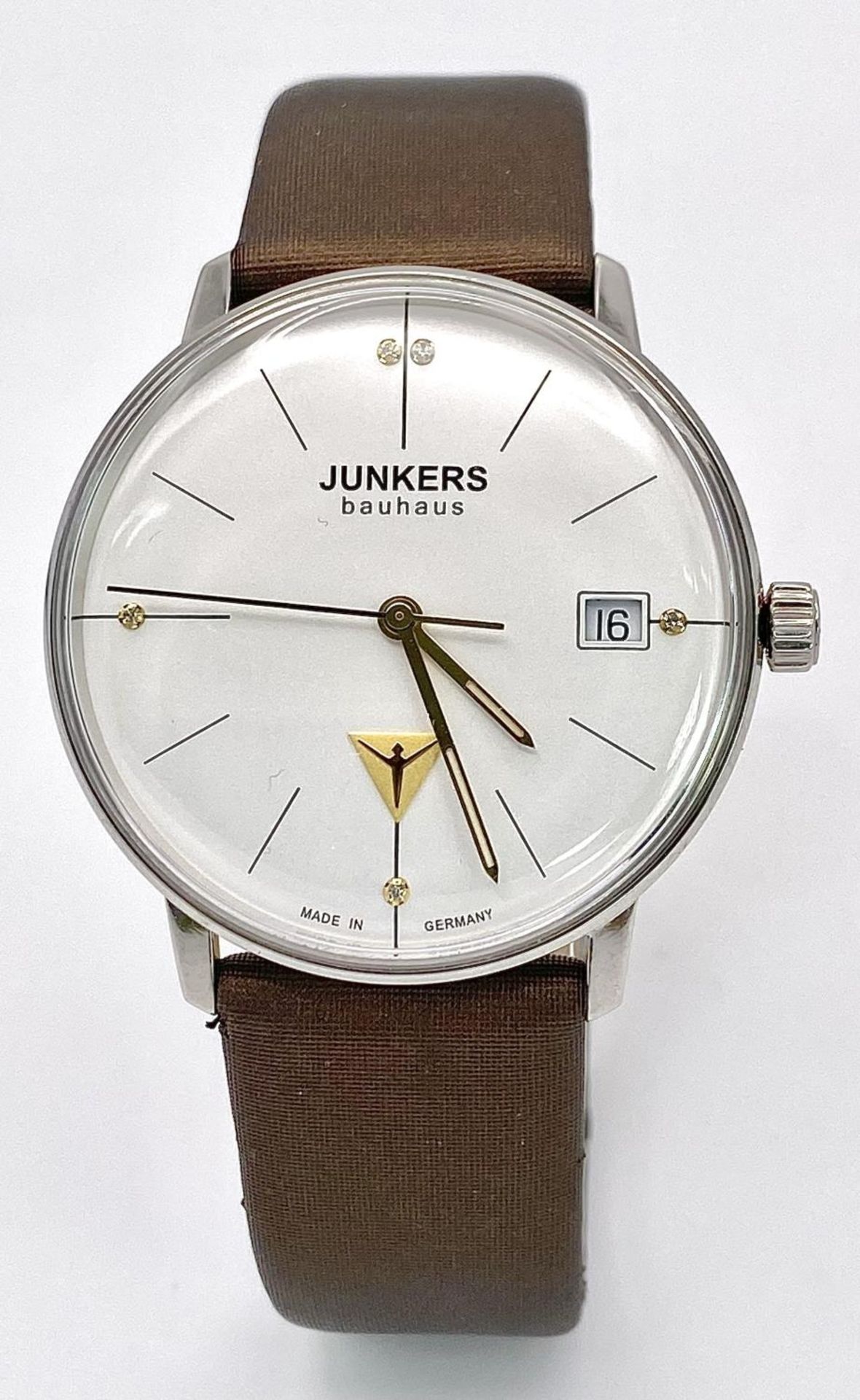 A Junkers Stylish Bauhaus Gents Quartz Watch. Brown leather strap. Stainless steel case - 35mm.