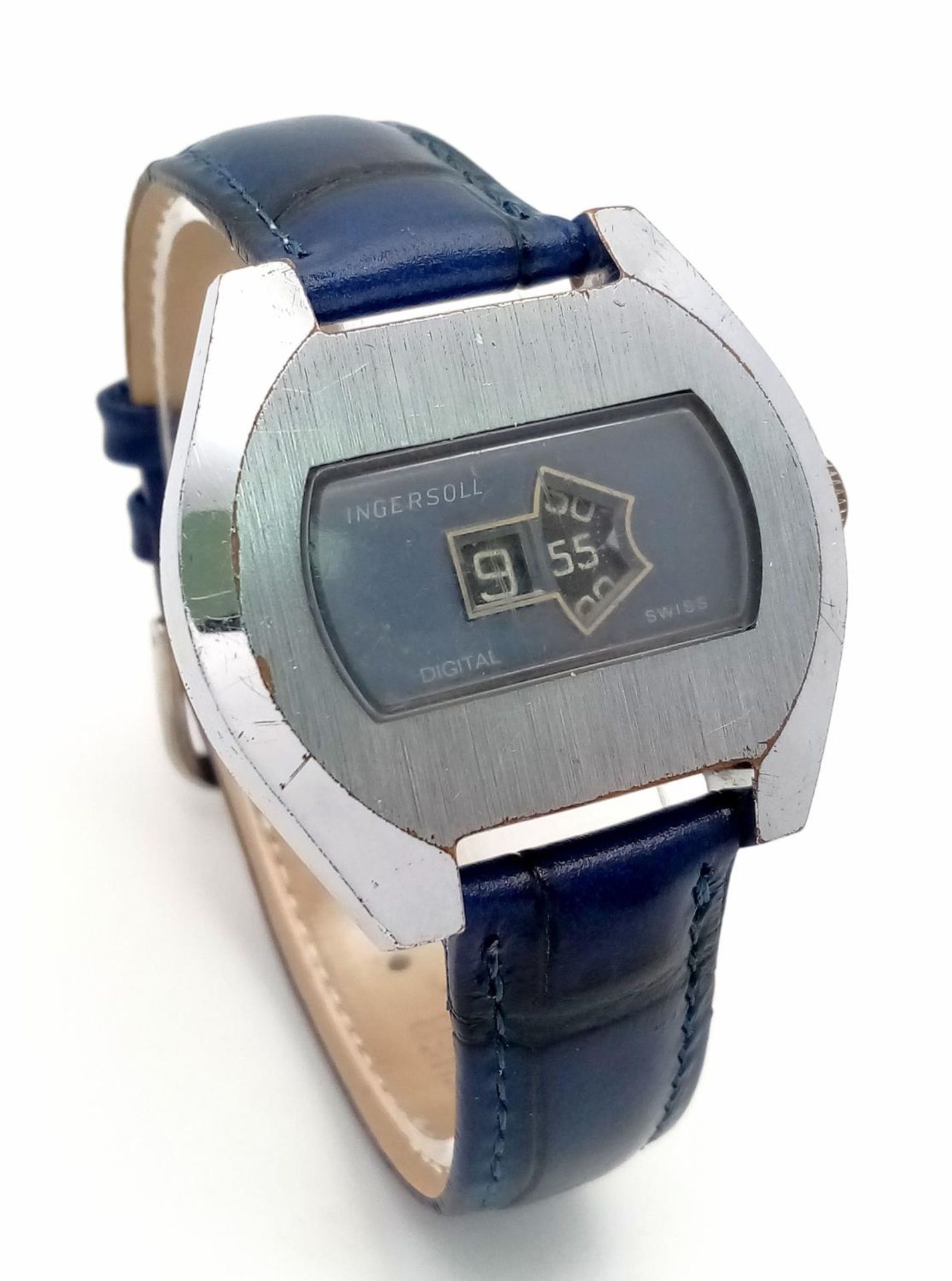 A Vintage Ingersoll Jump Watch. Blue leather strap. Stainless steel case - 38mm. Metallic grey - Bild 4 aus 6