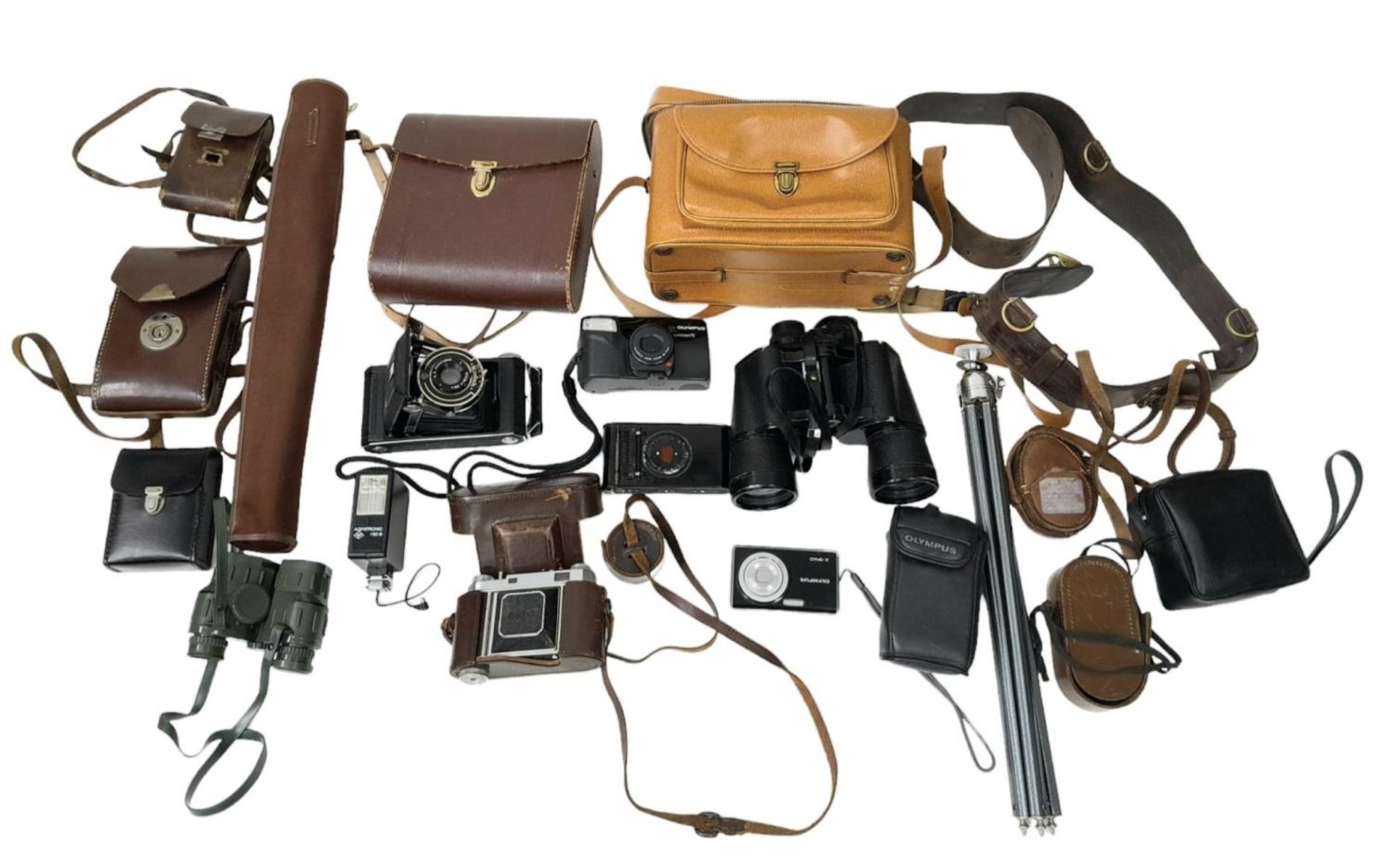 A Vintage Collection of Cameras, Camera Accessories and Binoculars. As found