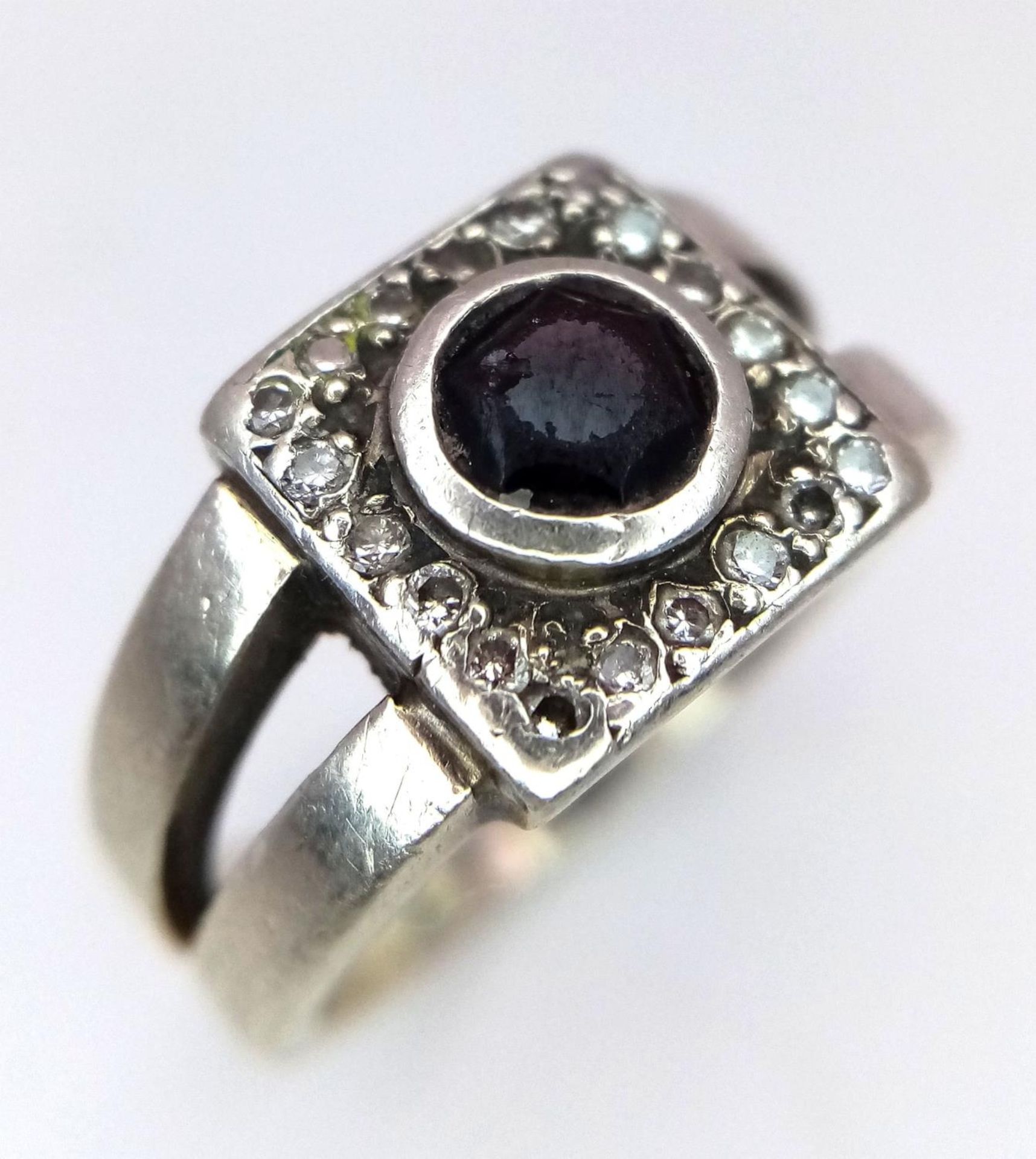 A Vintage 9K White Gold, Sapphire and Old Cut Diamond Ring. Size K. 5.3g total weight.