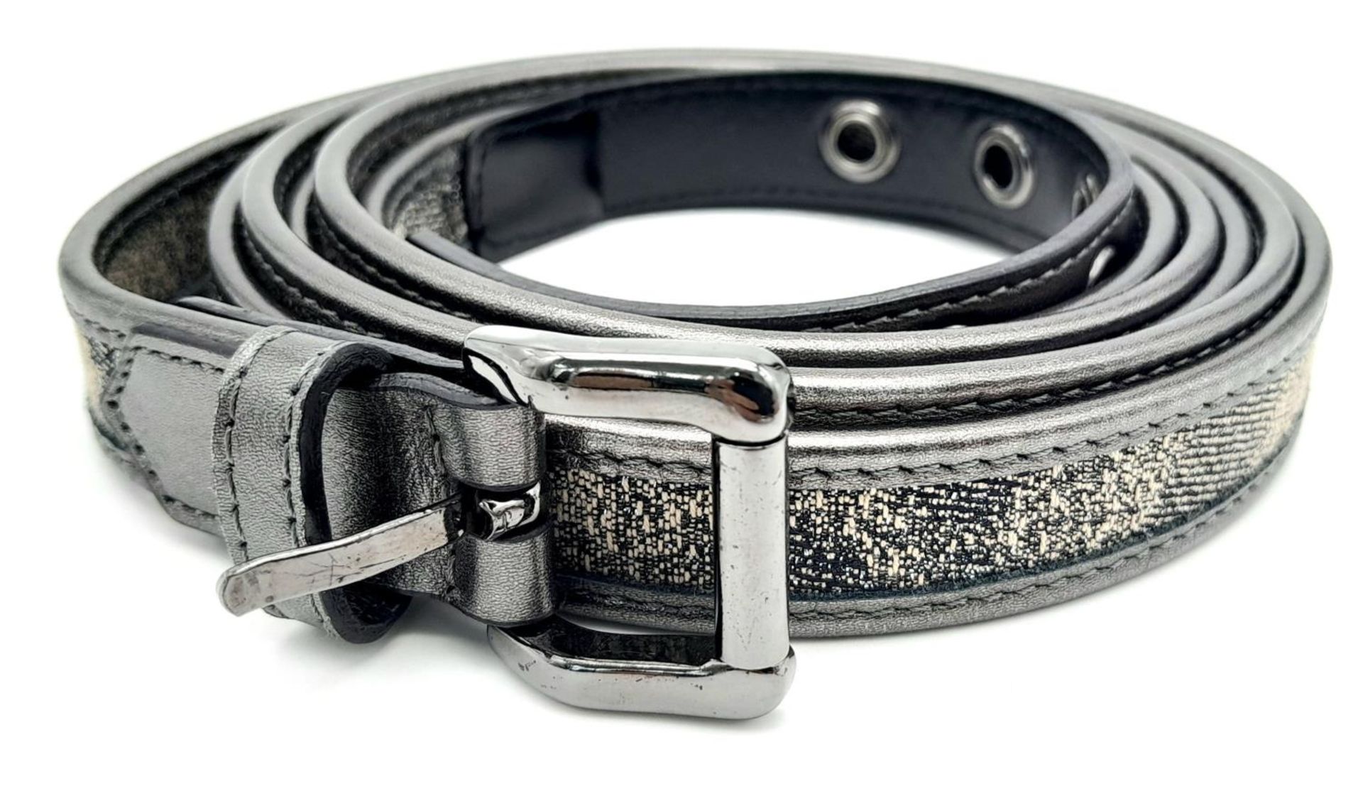 A Burberry Gun Metal Grey Shimmer Double Wrap Belt. Leather and textile with black-toned hardware. - Image 2 of 7