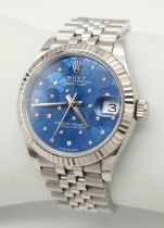 A Beautiful Rolex Datejust Blue Floral Motif (with diamonds) Ladies Watch. Stainless steel