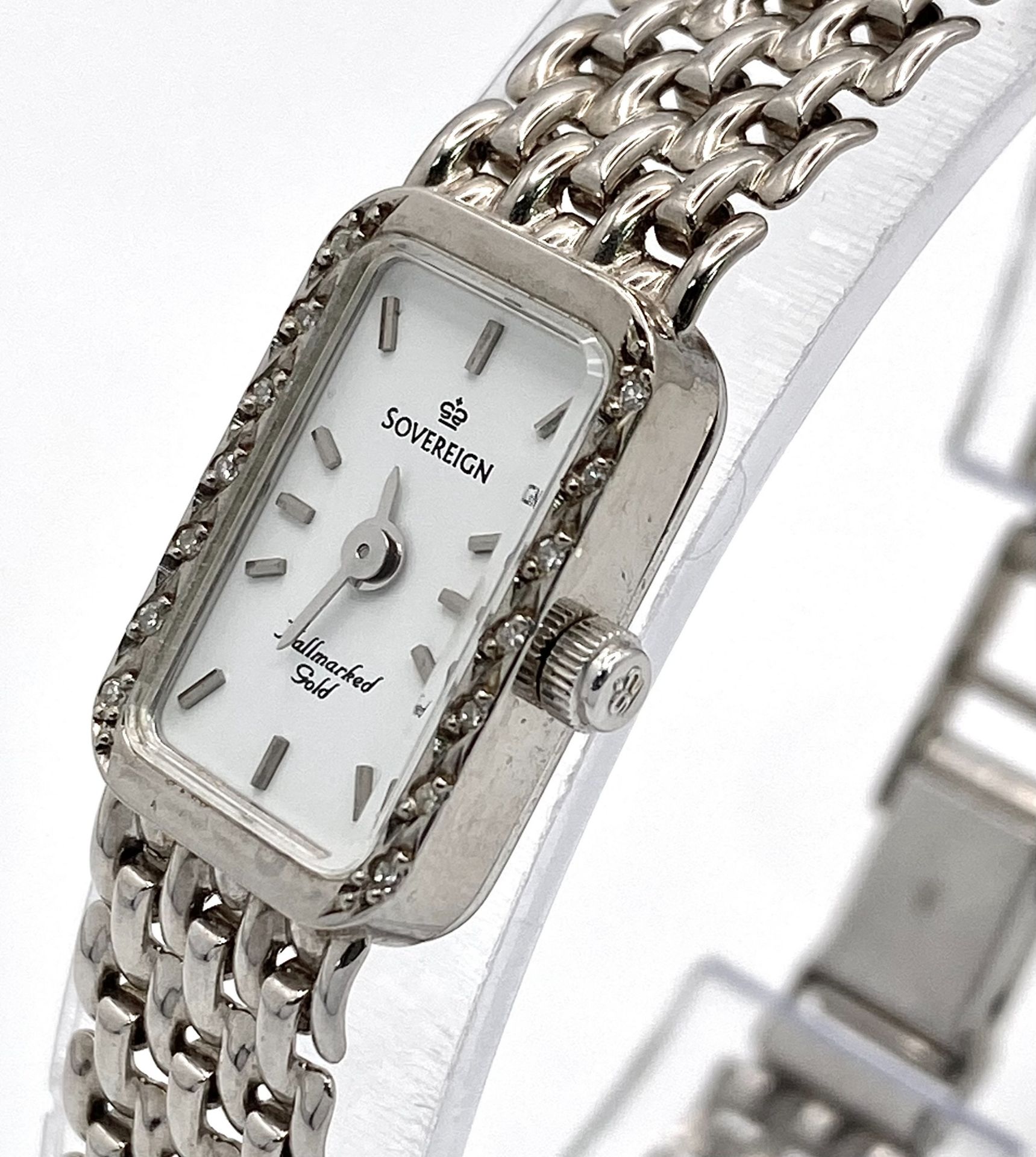 A 9K White Gold Sovereign Quartz Watch. 9K gold bracelet and case - 13mm. White dial. Diamond bezel. - Image 2 of 6