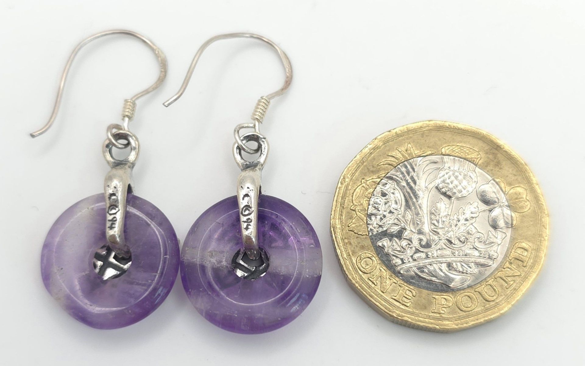 A Pair of Sterling Silver and Amethyst Pentacle Earrings. 3cm Drop. Set with 1.5cm Round Wheel - Image 4 of 5