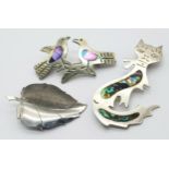 A Trio of Vintage 925 Silver Brooches. Inlaid Pussy, Inlaid Lovebirds and a Leaf. 5cm - pussy. 12.8g