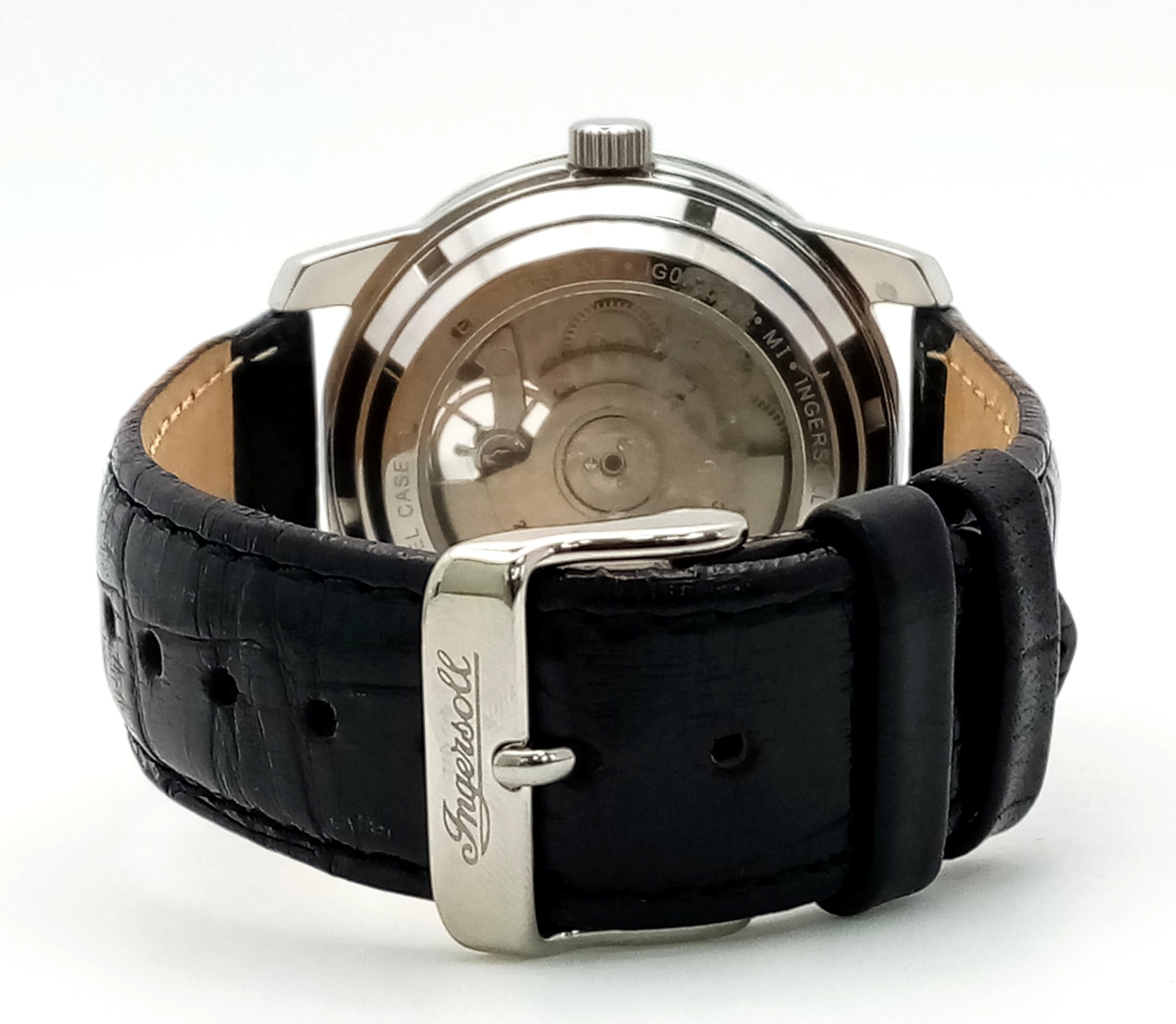 An Ingersoll Masterpiece Skeleton Gents Automatic Watch. Black leather strap. Stainless steel case - - Image 5 of 5