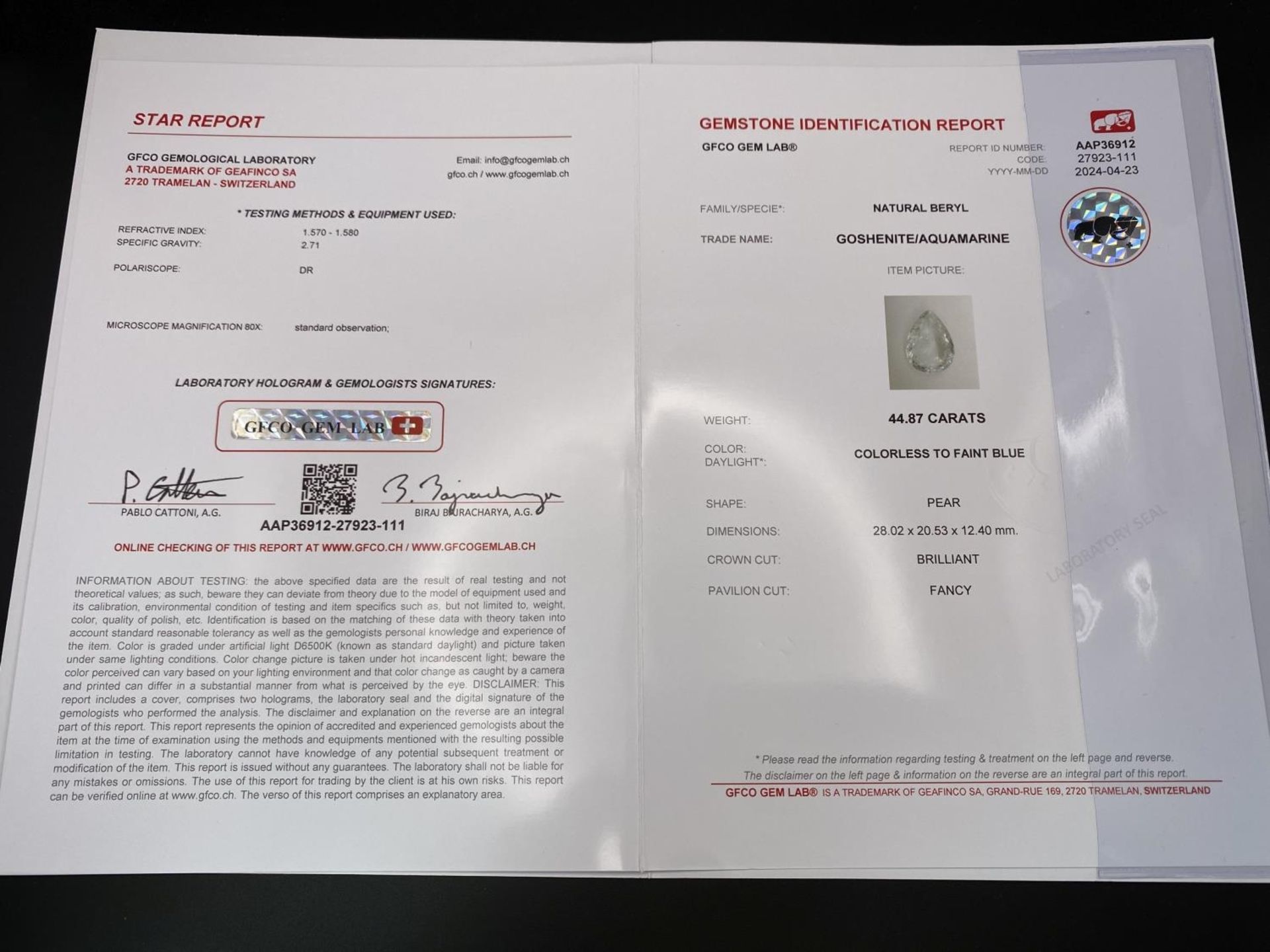 A 44.87ct Aquamarine Gemstone - GFCO Swiss Certified. - Image 4 of 4