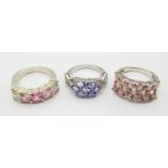 Three 925 Silver Different Style Stone Set Rings. Sizes: L,O and N.