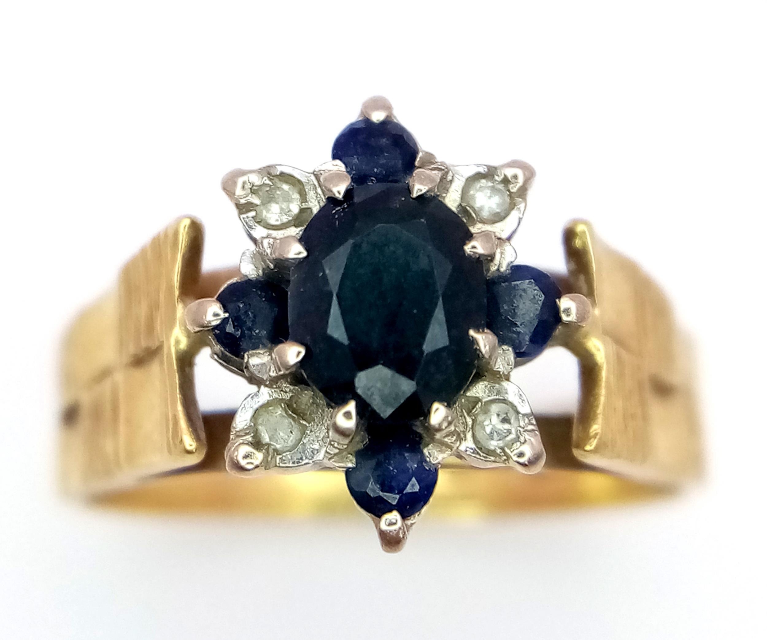 A Vintage 9K Yellow Gold Sapphire and Diamond Signet Ring. Size J 1/2. 4.4g total weight. - Image 2 of 6