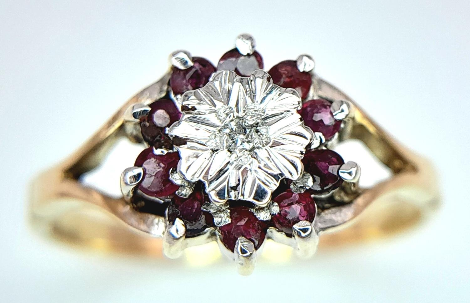 A 9K (TESTED AS) YELLOW GOLD DIAMOND & RUBY CLUSTER RING 1.5G SIZE I 1/2. ref: SPAS 9023 - Image 3 of 5