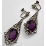 An Art Deco Silver, Marcasite and Purple Stone Necklace and Earring Set. Necklace and pendant - 40