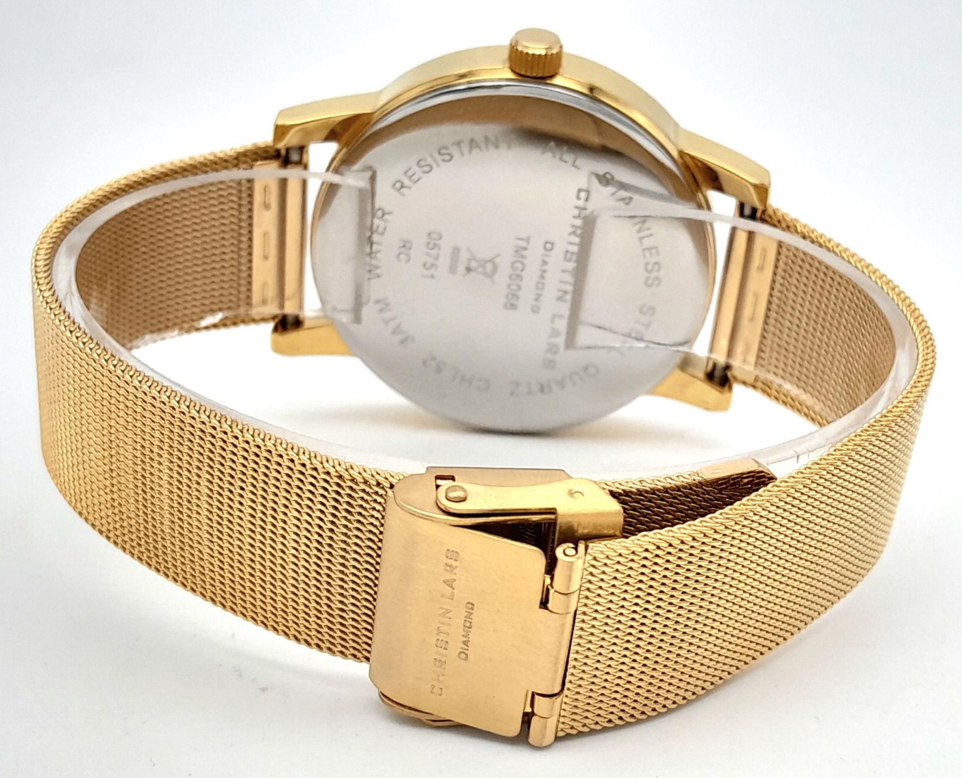 An Unworn Christian Lars Gold Tone Diamond Set Watch. 41mm Case. Replacement Battery Fitted April - Image 4 of 8