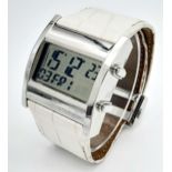A Rare Tag Heuer Microtimer Digital Quartz Watch. White Alligator leather strap. Chrome coated