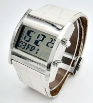 A Rare Tag Heuer Microtimer Digital Quartz Watch. White Alligator leather strap. Chrome coated
