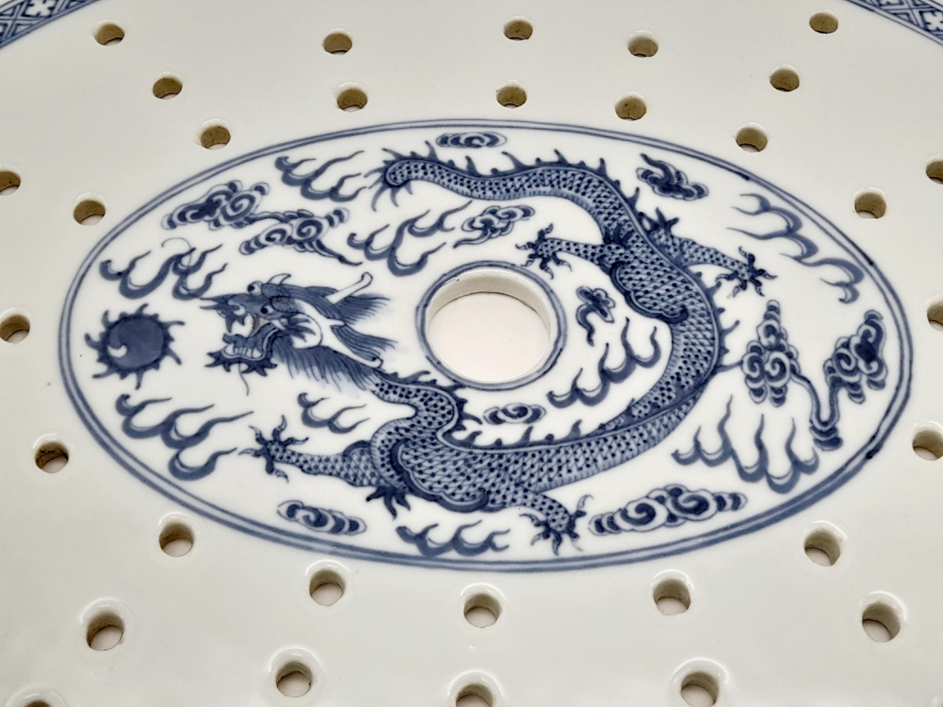 A Chinese Blue and White Oval Strainer Dish. 34cm x 27cm - Image 2 of 5