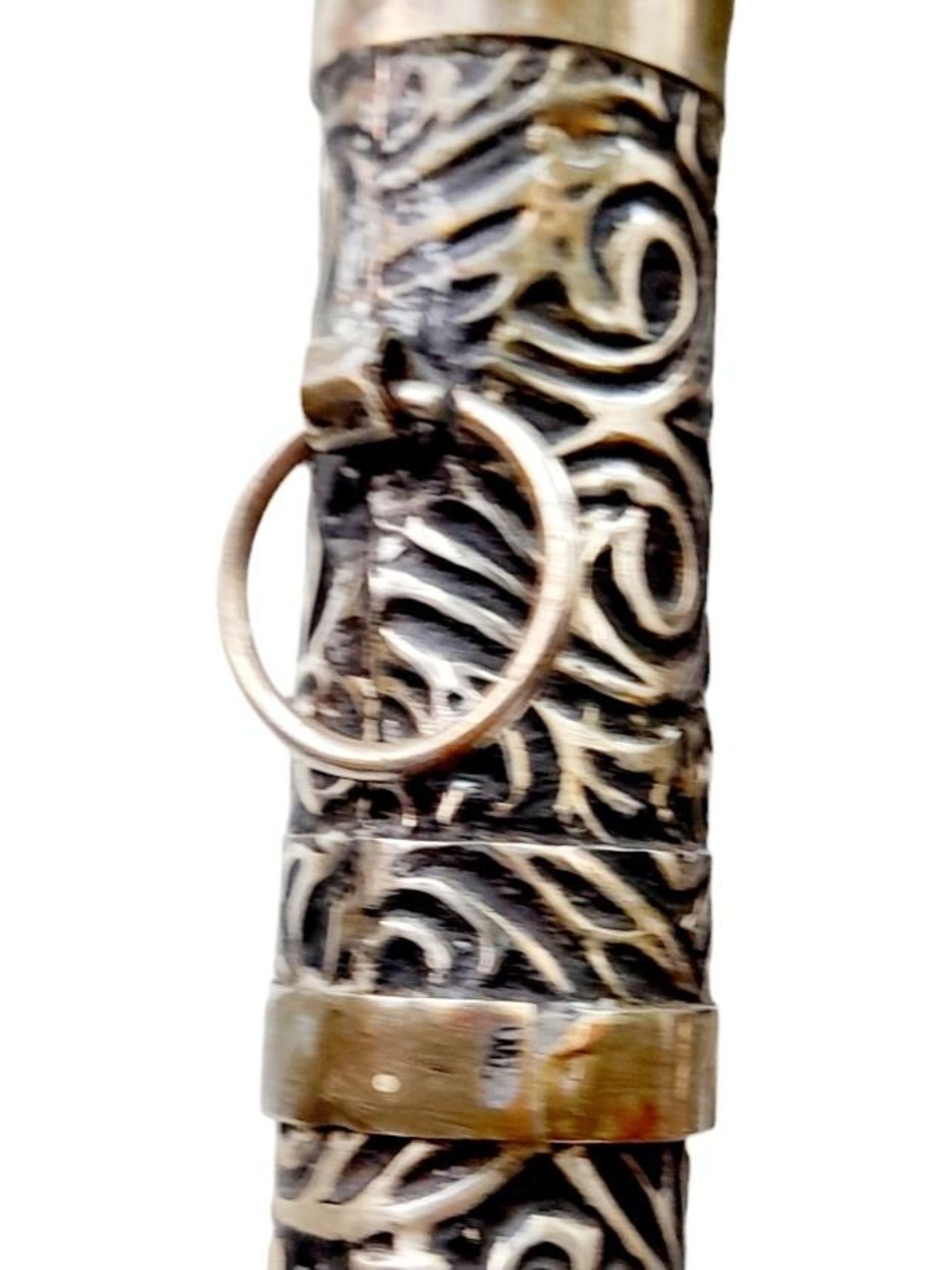 A Very Rare, Unique & Ornate Antique Bone Inlaid Wood and White Metal Sword Stick. 91cm Length. - Image 4 of 5