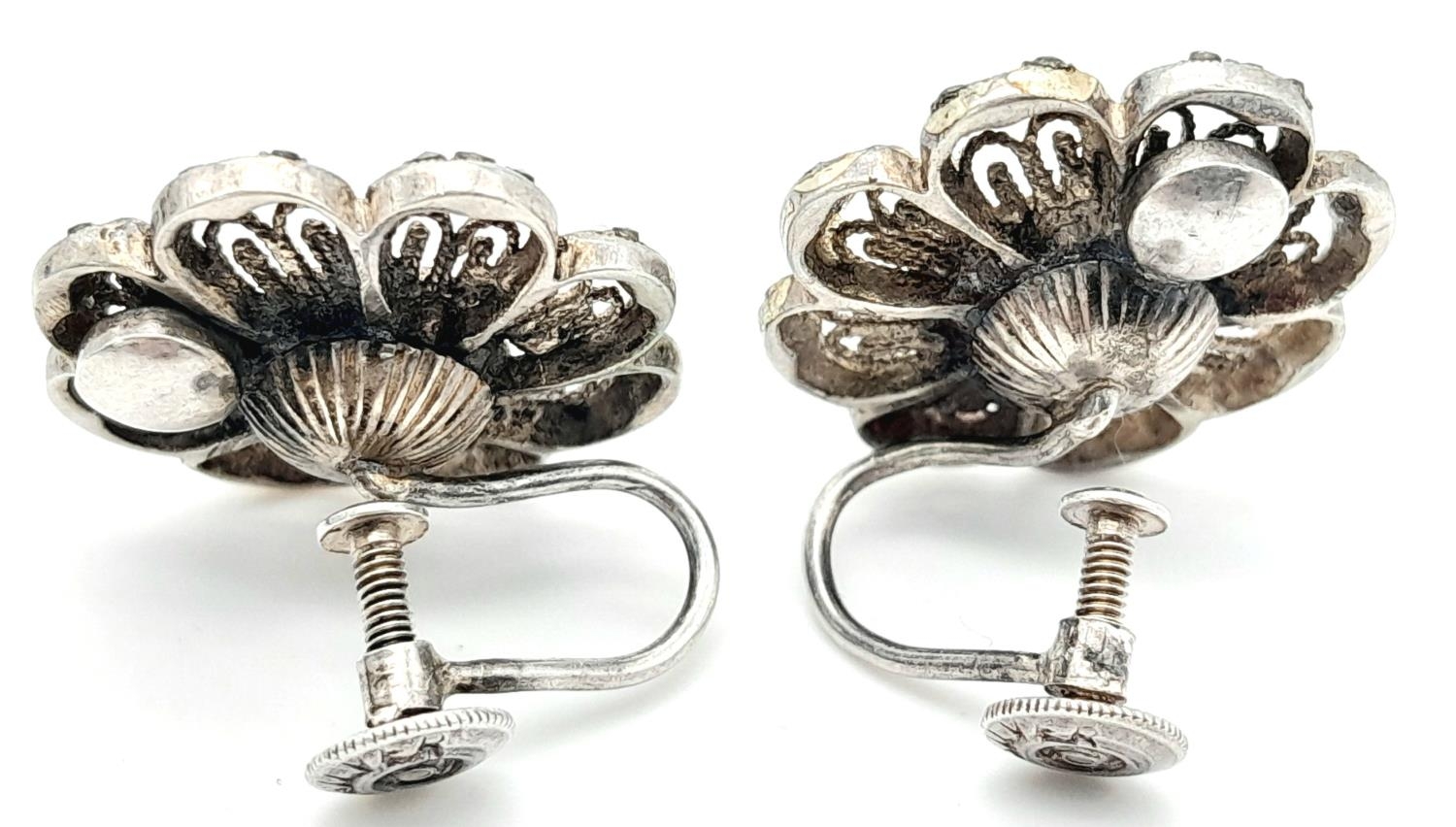 A Pair of Silver Filigree Marcasite Screw Clip Earrings. 19mm diameter, 6g total weight. - Image 2 of 5