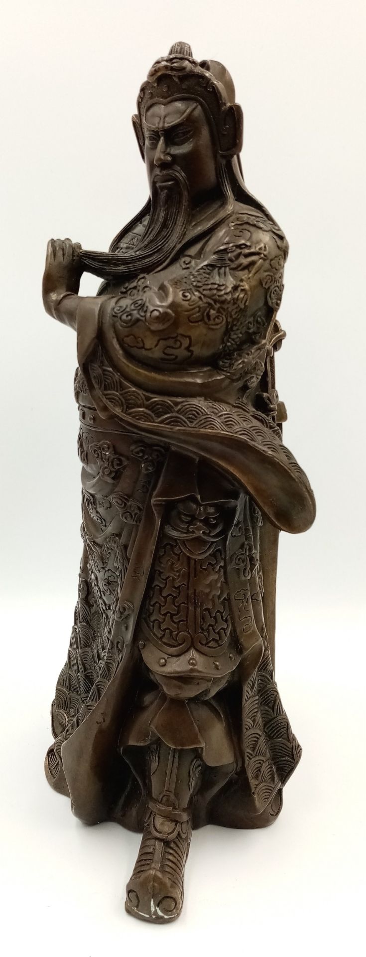 A Chinese Brass God of Wealth/Warrior Statue. 29cm tall. Markings on base. - Image 3 of 5