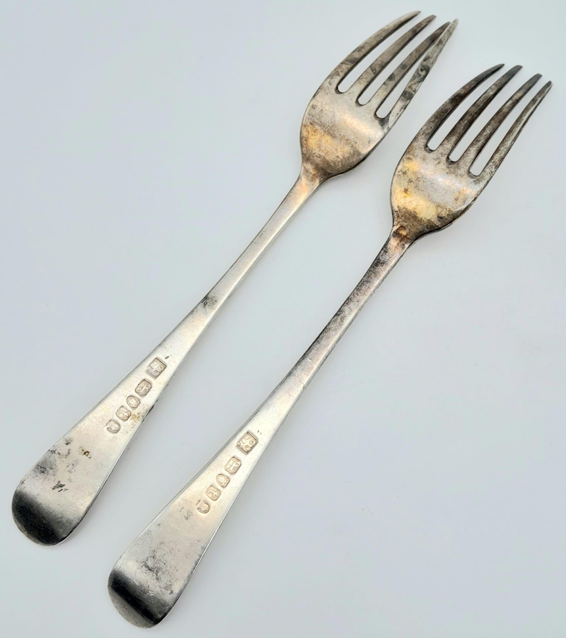 2X Georgian antique sterling silver forks. Full hallmarks London, 1794. Total weight 130.1G. Total - Image 3 of 5