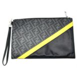 A Fendi Black, Grey and Yellow Diagonal Men's Clutch/Pouch. Leather and canvas exterior with