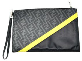 A Fendi Black, Grey and Yellow Diagonal Men's Clutch/Pouch. Leather and canvas exterior with