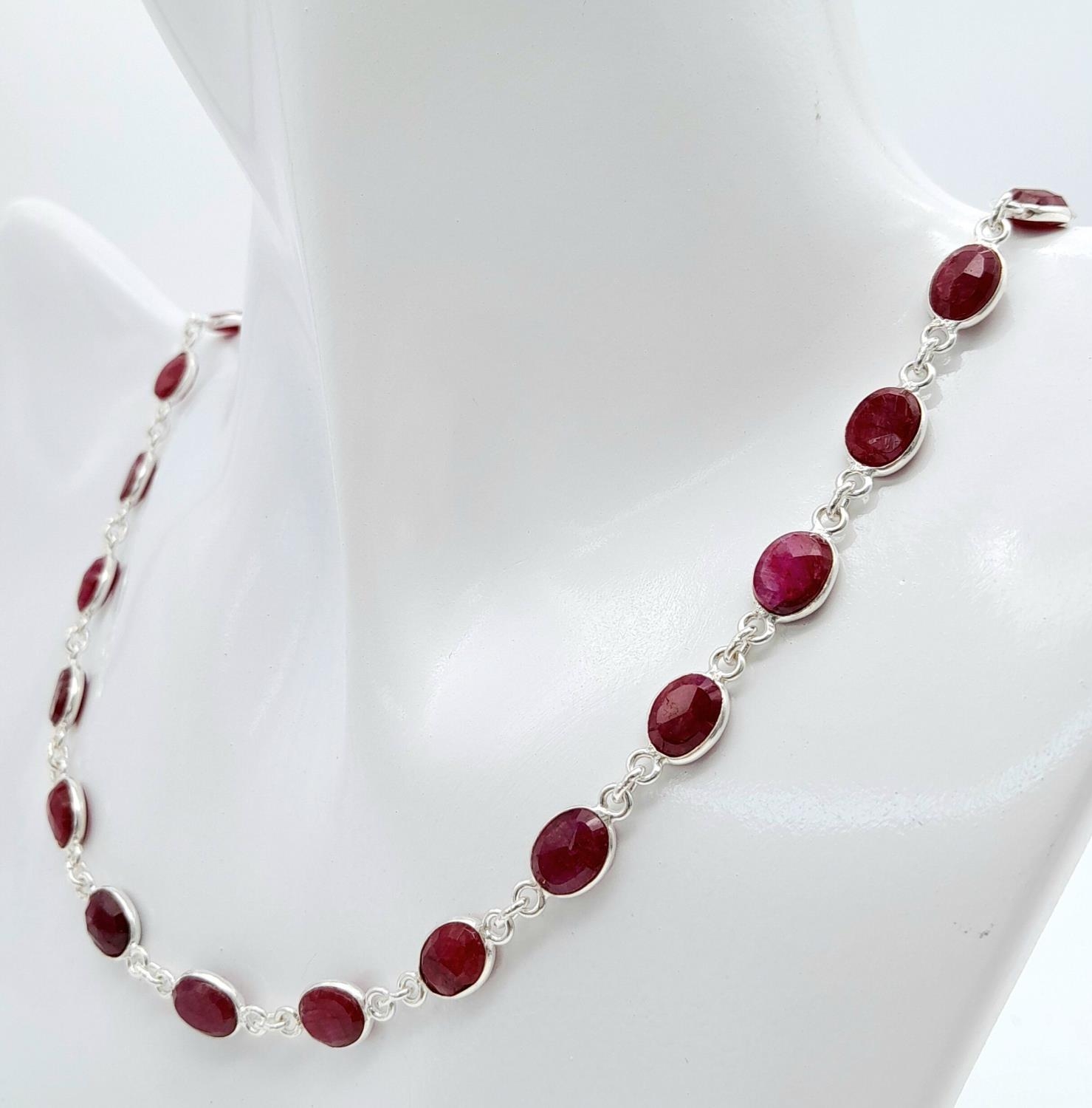 A Ruby Gemstone Long Chain Necklace. Oval cuts set in 925 Silver. 60cm length. Ref: CD-1319 - Image 2 of 5