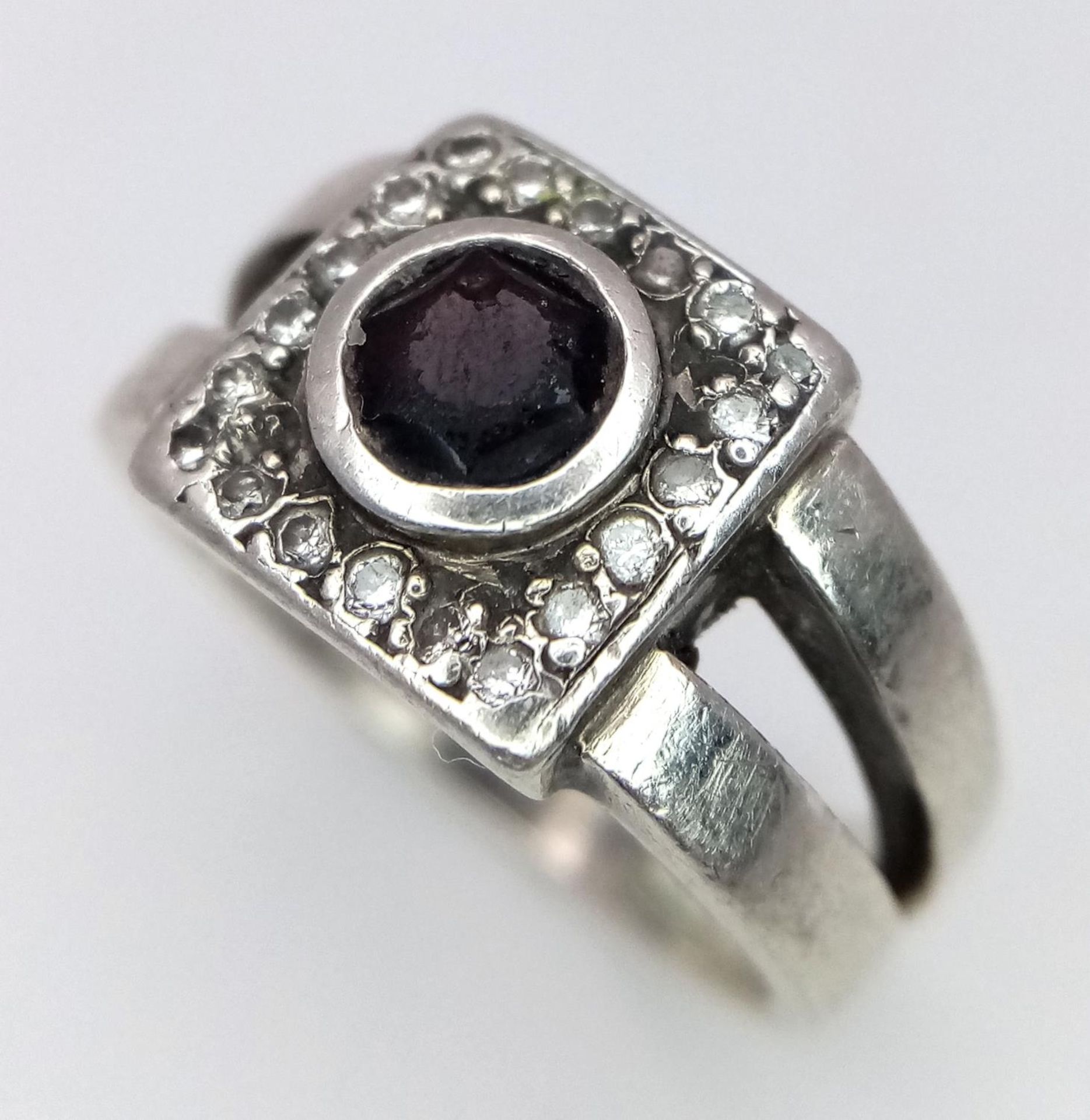 A Vintage 9K White Gold, Sapphire and Old Cut Diamond Ring. Size K. 5.3g total weight. - Image 3 of 5