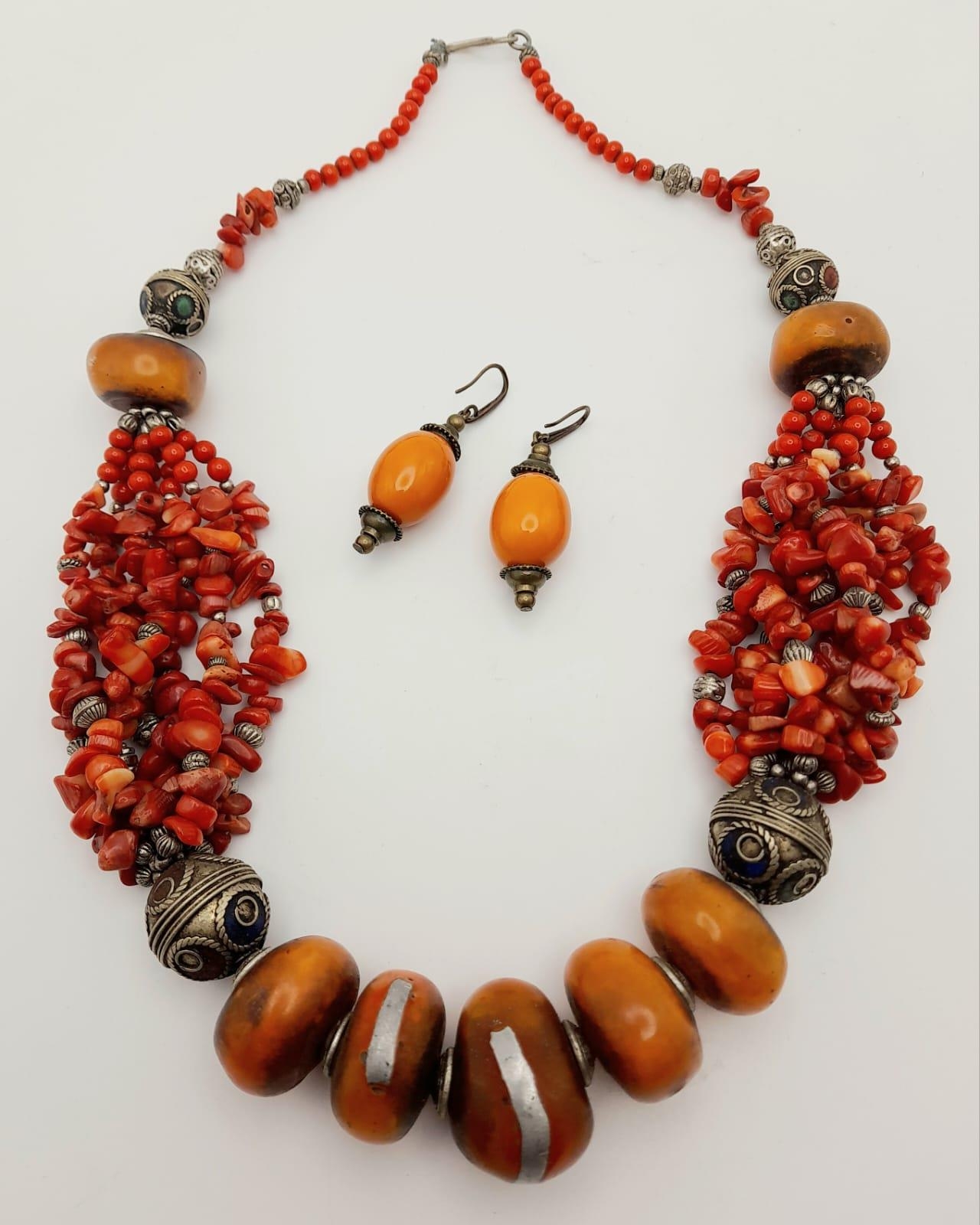 A Vintage Moroccan Berber Amber and Coral Necklace plus a pair of Amber Earrings. Necklace