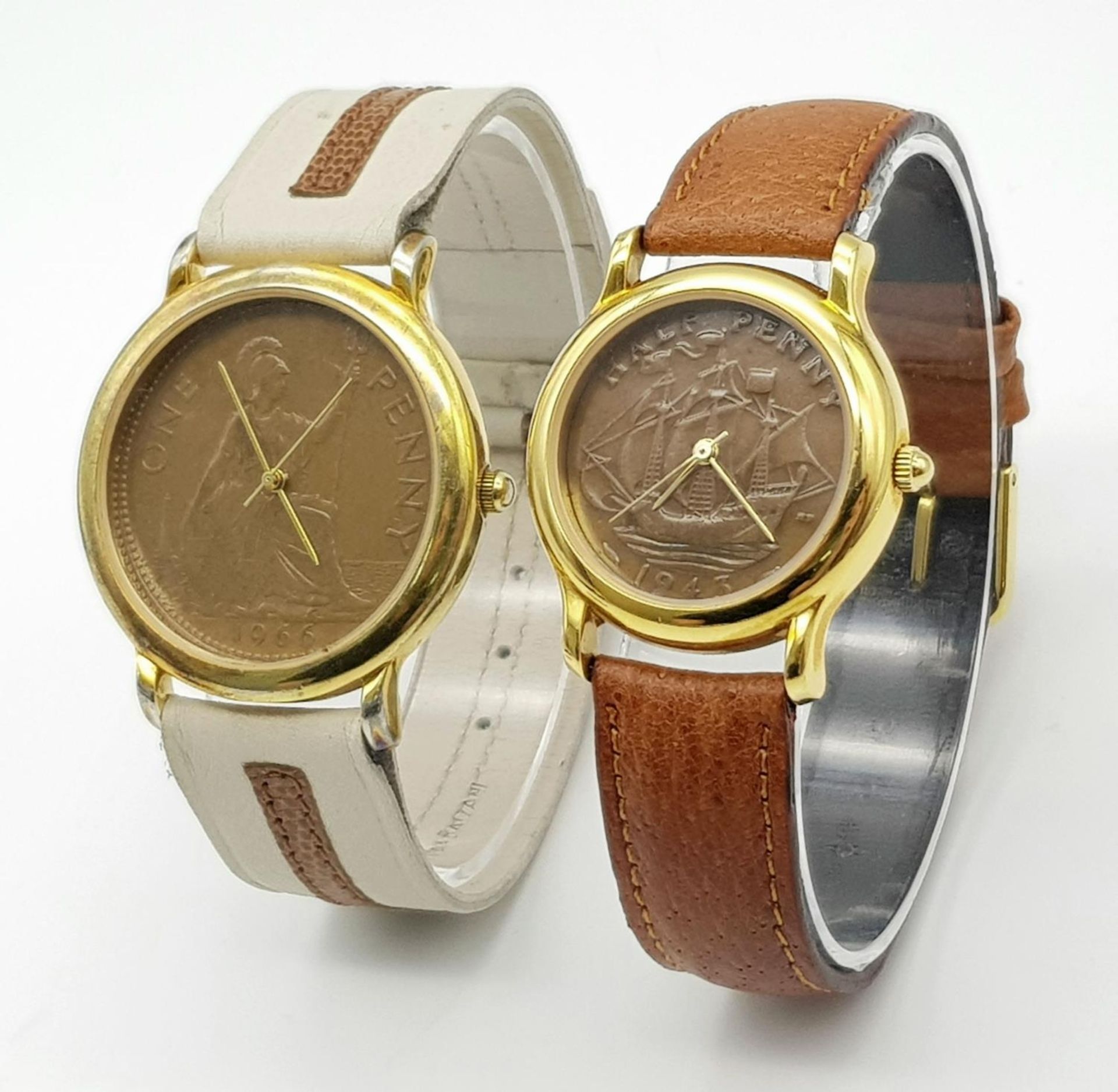 Two Vintage Coin Quartz Watches - 1966 penny - 36mm and 1943 Half Penny - 30mm. Both in working