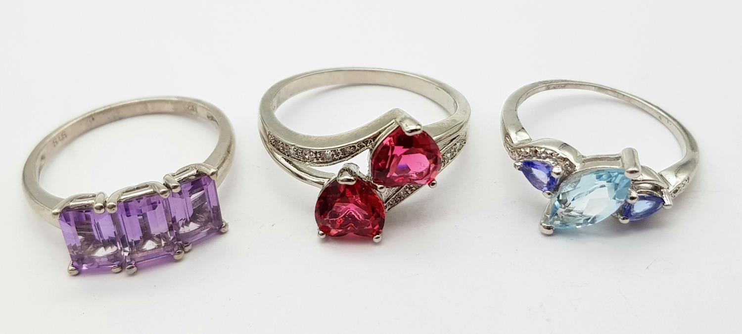 Three 925 Silver Different Style Stone Set Rings. Sizes: 2 X T, 1 x N.