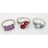 Three 925 Silver Different Style Stone Set Rings. Sizes: 2 X T, 1 x N.