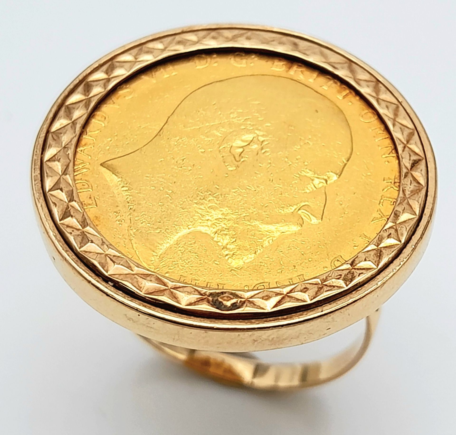 A 9 K yellow gold ring with a full 1902 sovereign which is not welded to the ring and can easily - Image 2 of 7