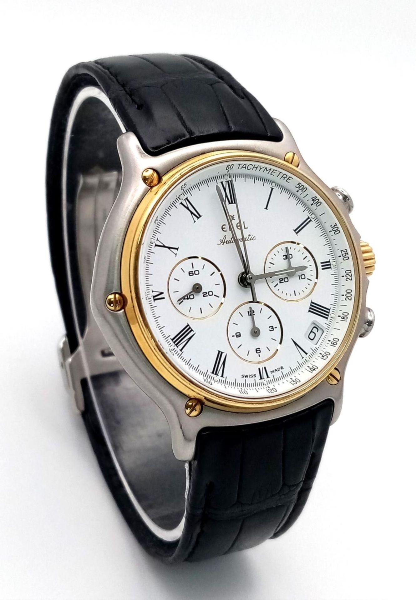 An Ebel Automatic Chronograph Gents Watch. Black leather strap. Two tone case - 38mm. White dial - Bild 4 aus 8