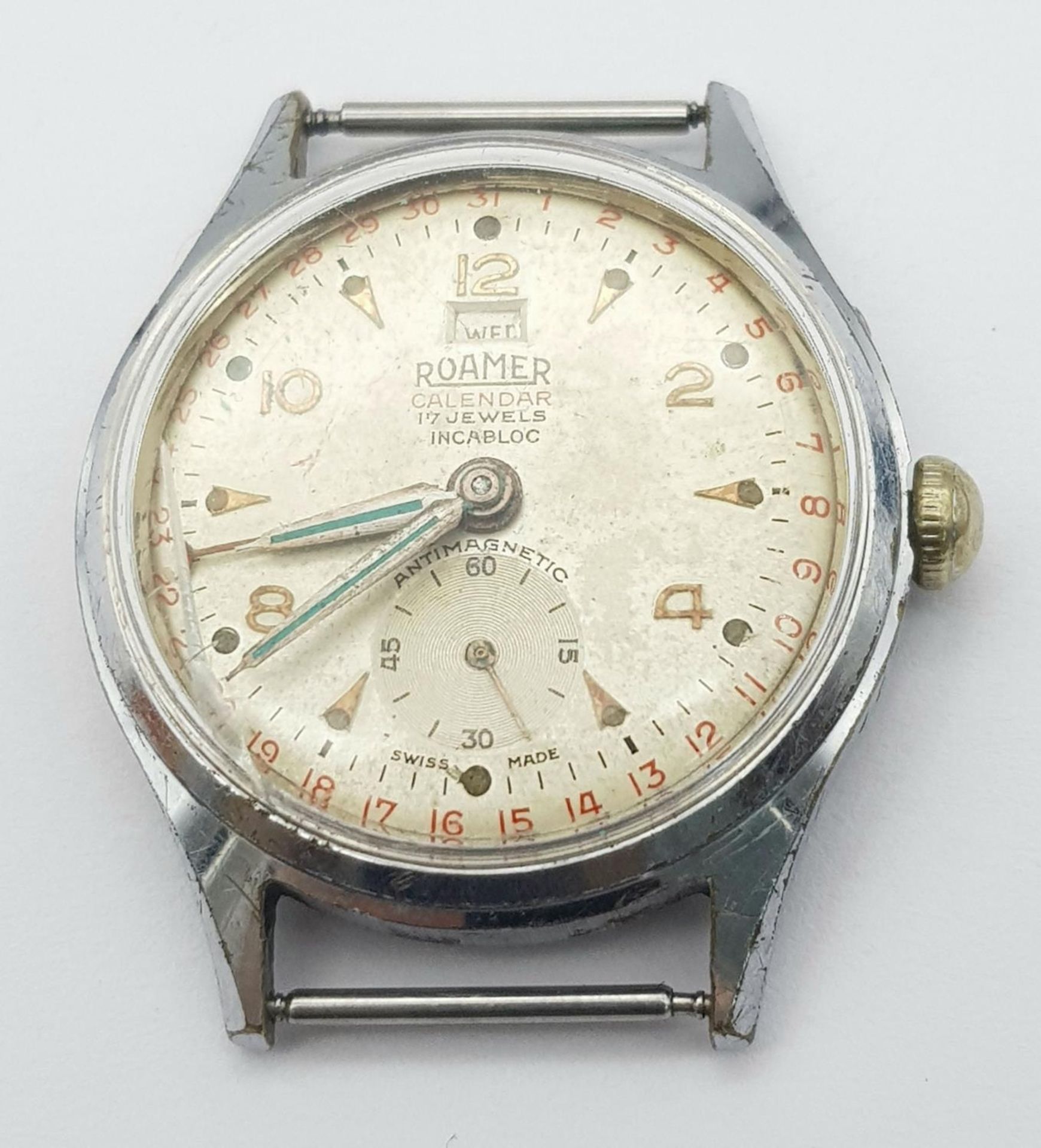 A Vintage Roamer Calendar 17 Jewels Stainless Steel Watch Case -33mm. Patinaed dial with sub dial. - Image 2 of 4