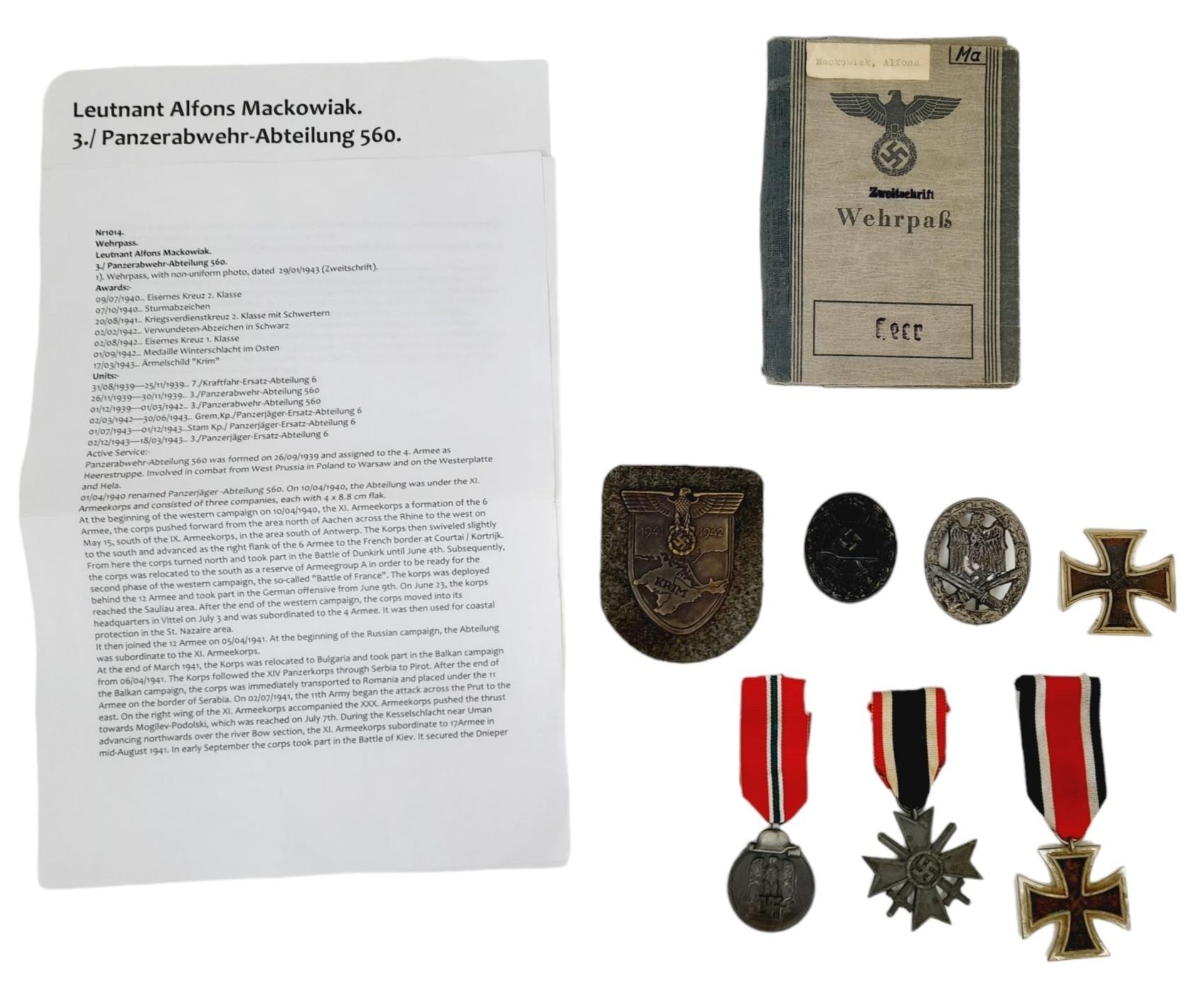 WW2 German Wehrpass & Awards to Leutnant Alfons Macowiak who served with several Panzerjäger (Tank