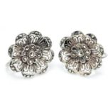 A Pair of Silver Filigree Marcasite Screw Clip Earrings. 19mm diameter, 6g total weight.