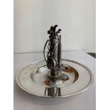 THEO FENNELL Signed SILVER ARMADA DISH, Having a full set of golf clubs mounted to top. UK hallmark.