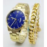 A gold plated Shaarms gents watch accompanied by a gent’s gold plated chain bracelet. Watch has a 42