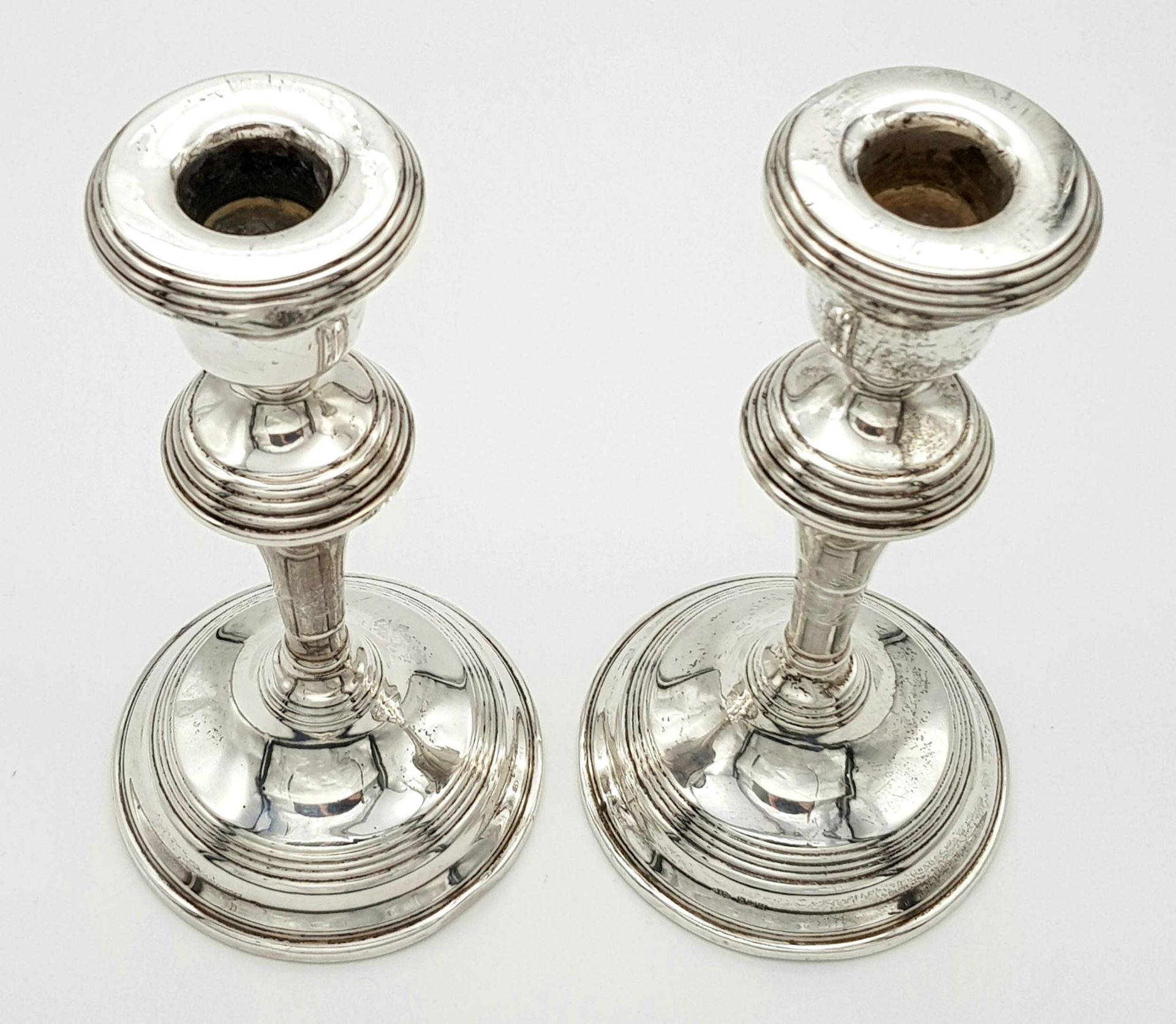 A Pair of Vintage Mid-Size Candlestick Holders. 18cm tall. Birmingham hallmarks for 1961. Weighted - Image 2 of 5