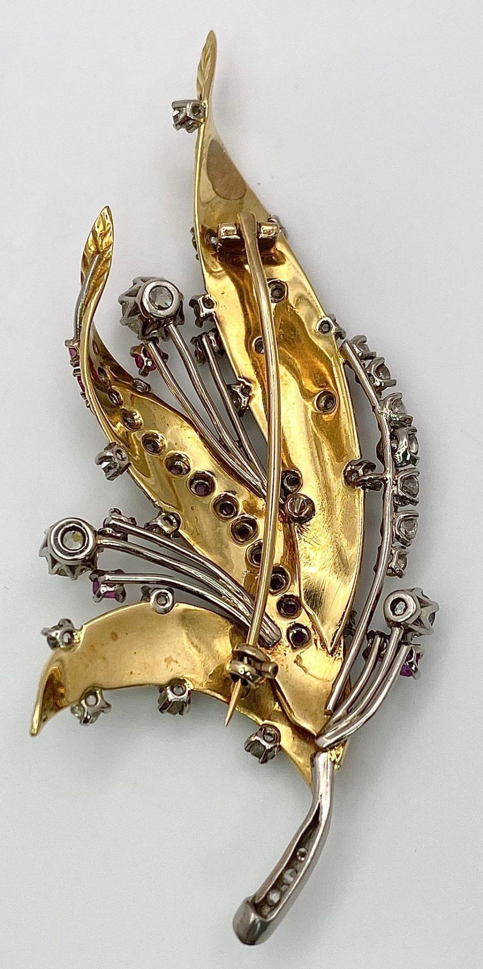 A Spectacular 18K Gold (tested) Diamond and Ruby Leaf Brooch. 3ctw of brilliant round cut diamonds - Image 5 of 6