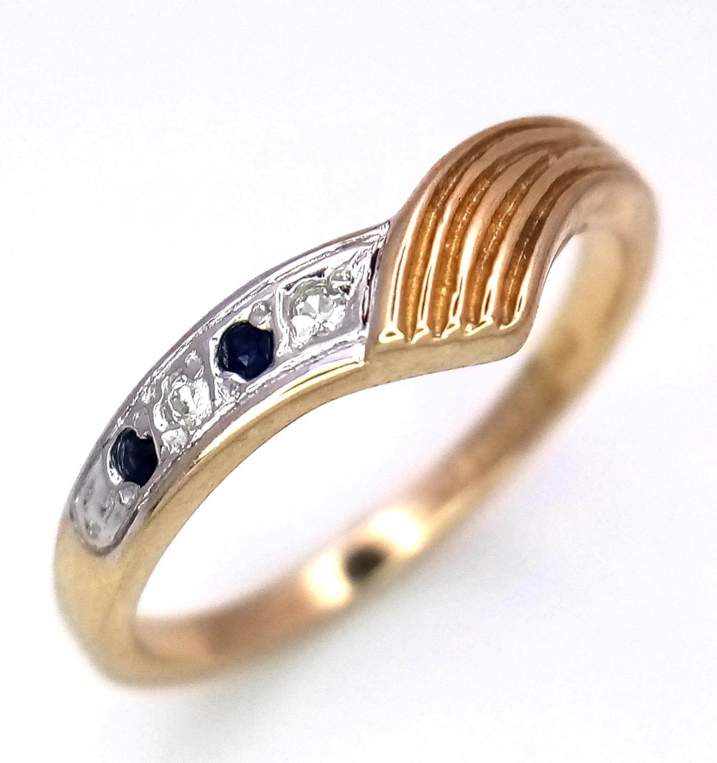 A 9K YELLOW GOLD DIAMOND & SAPPHIRE WISHBONE RING 1.8G SIZE L. ref:SPAS 9009 - Image 3 of 5