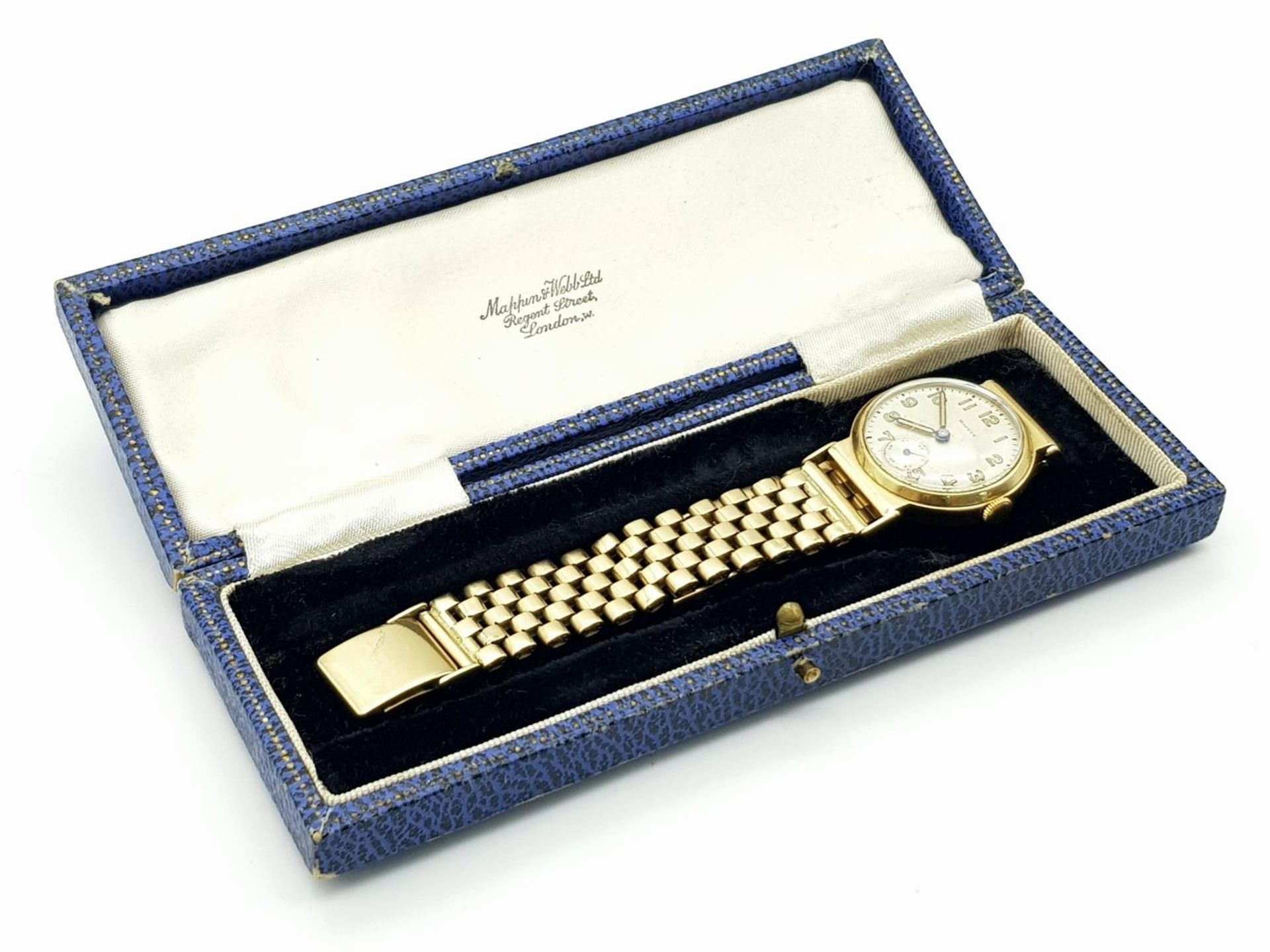 A Vintage (1950s) Mappin and Webb 9K Gold Watch. 9K gold bracelet and case - 28mm. Patinated dial - Image 8 of 9