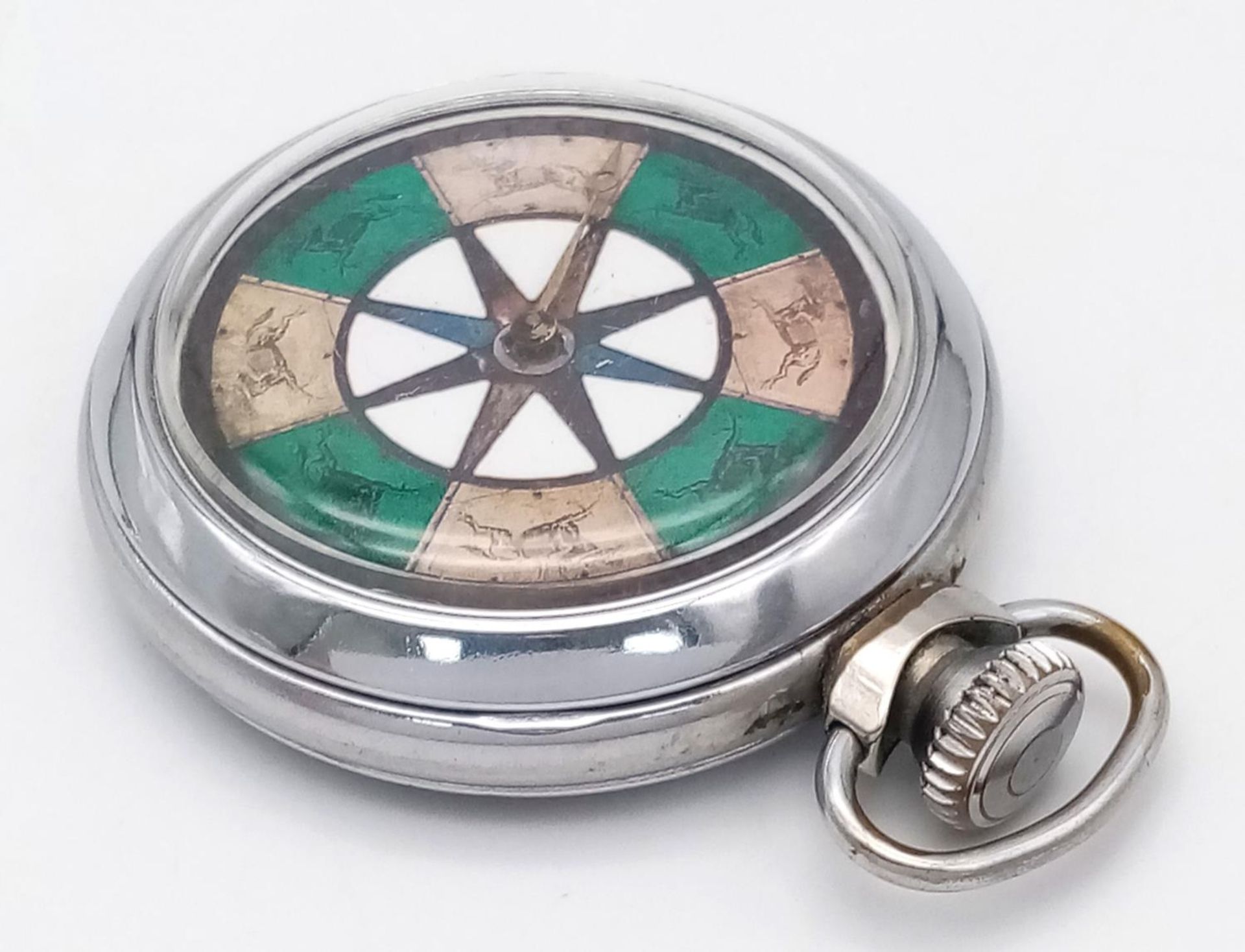 A Vintage Horse Racing Pocket Watch Game. Top winder. 5cm diameter. In working order. - Image 4 of 4