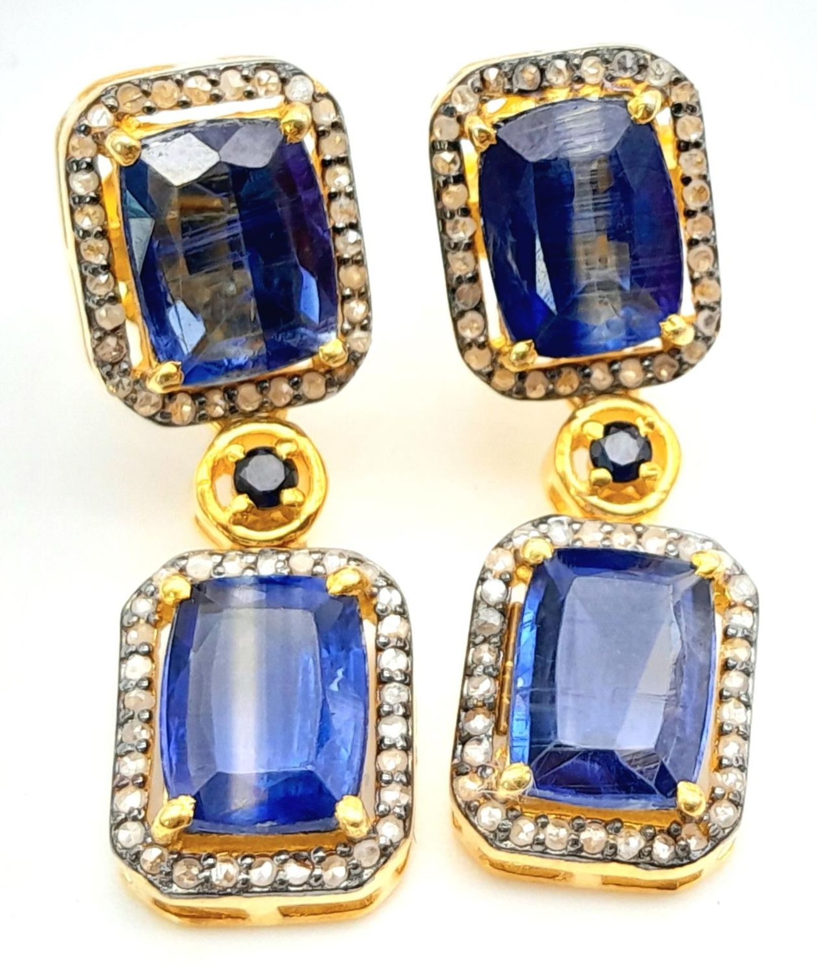 A Pair of Kyanite and Diamond Drop Earrings. 4ctw - kyanite and 0.40ctw of old cut diamonds. Set