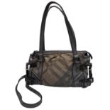 A Burberry Metallic Grey Smoke Check Bag. Canvas exterior with leather trim, leather straps, black-